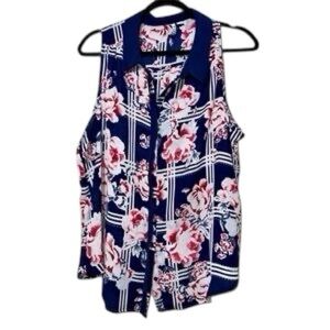 Elle Scallop Trim Blouse in Blue w/ Floral Pattern Size L